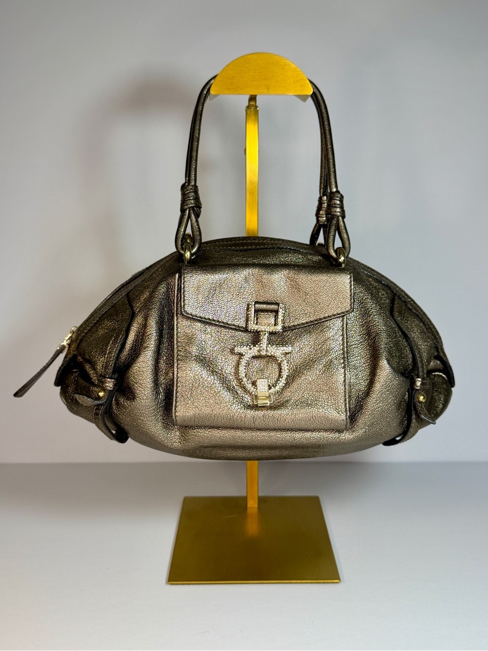 Salvatore Ferragamo Metallic Leather Crystal Gancini Satchel Bag Bronze Gold - Picture 3 of 11